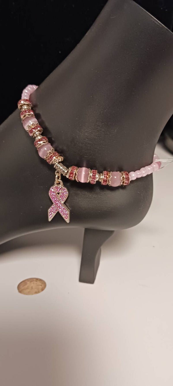 Pretty in Pink Beaded Breast Cancer Ribbon Anklet