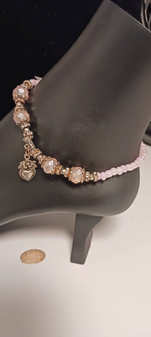 Pretty in Pink Beaded Heart and Rose Anklet