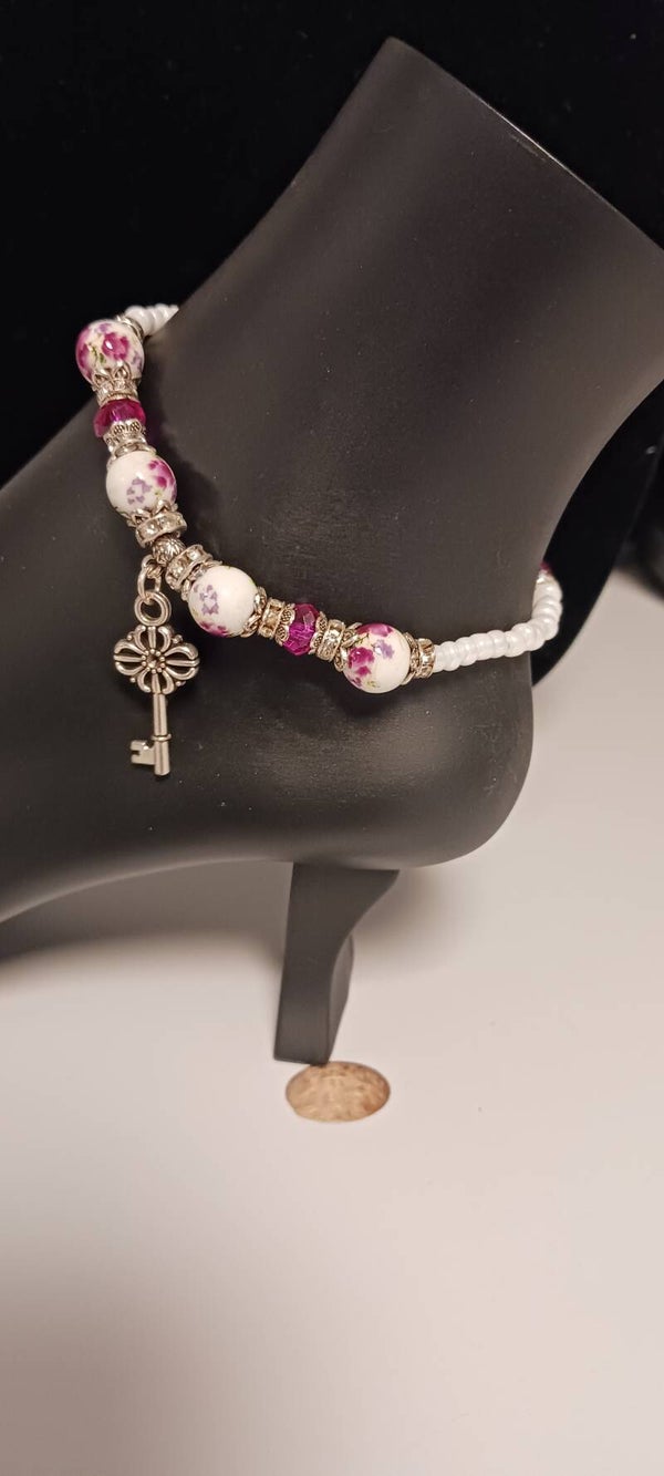 Purple Garden Beaded Flower Key Anklet