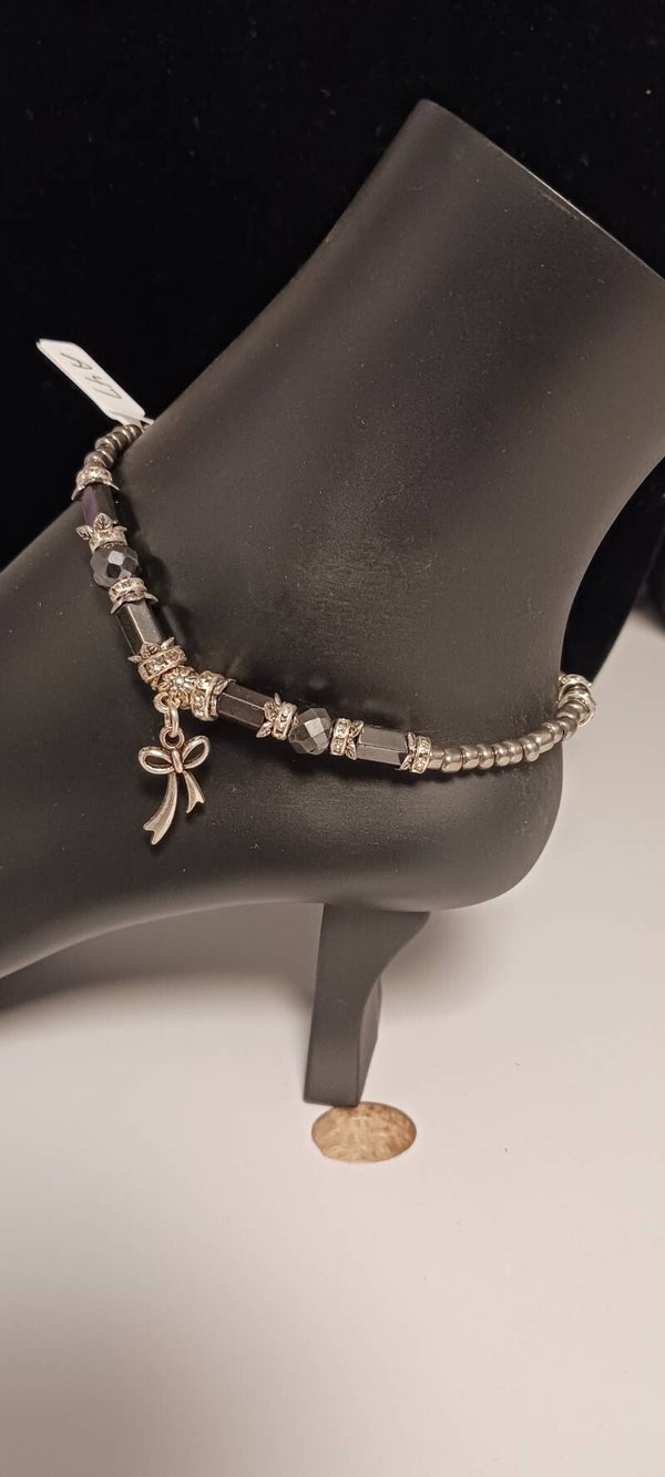 Silver and Hematite Beaded Ribbon Anklet