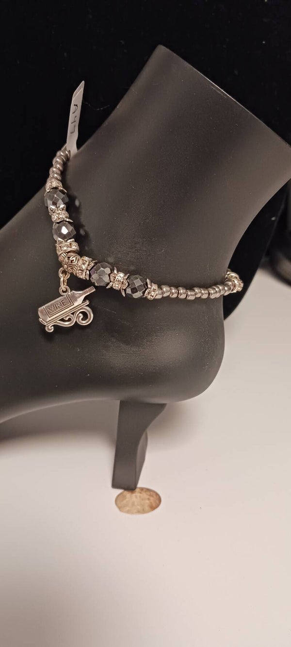 Silver and Hematite Beaded Wine Bottle Anklet