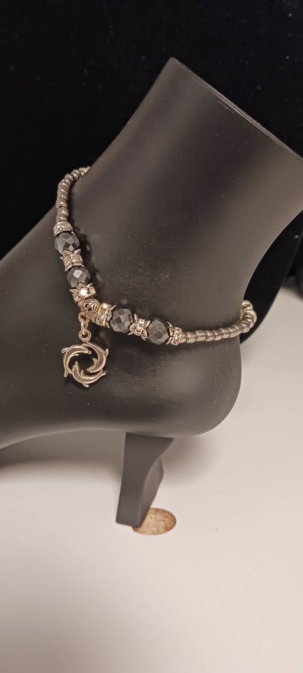 Silver and Hematite Beaded Dolphin Anklet