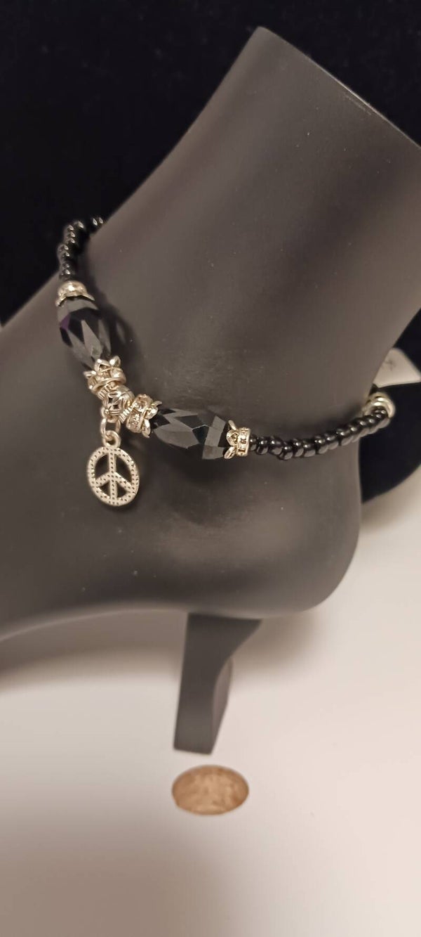 Black and Silver Beaded Peace Sign Anklet