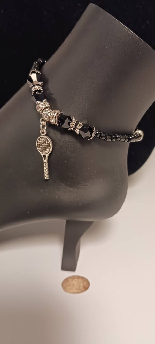 Black and Silver Beaded Tennis Racket Anklet