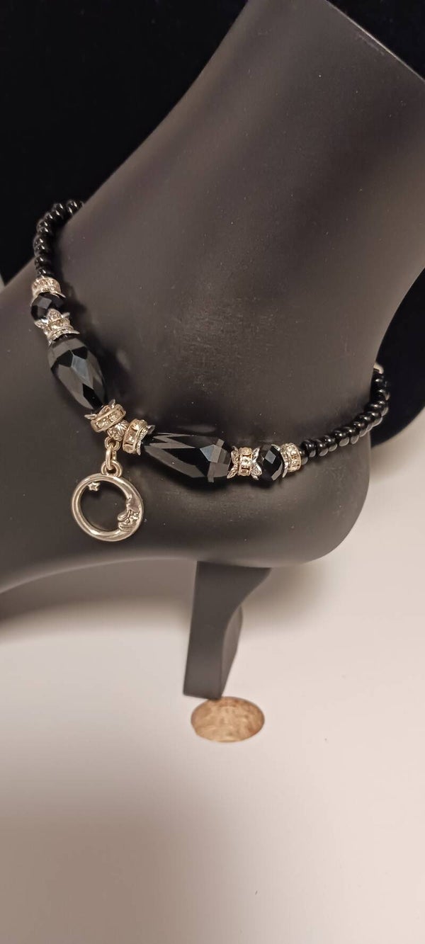 Black and Silver Beaded Moon and Star Anklet