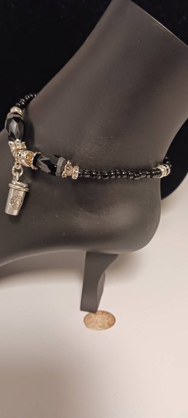 Black and Silver Beaded Starbucks Coffee Cup Anklet