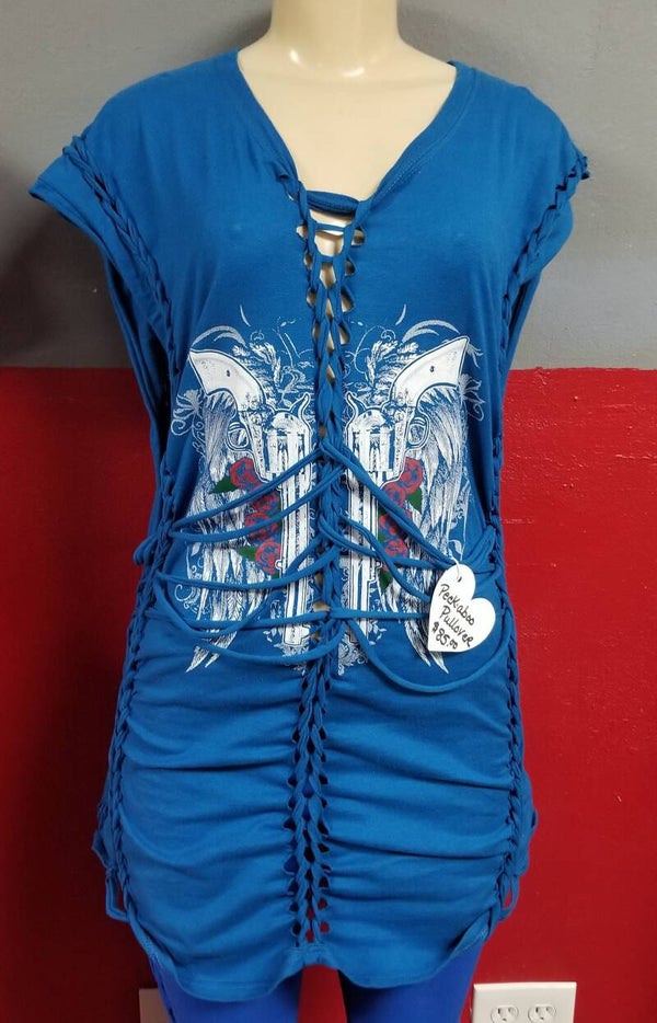 Hand Braided Twisted Cool Wet T-Shirt Blue