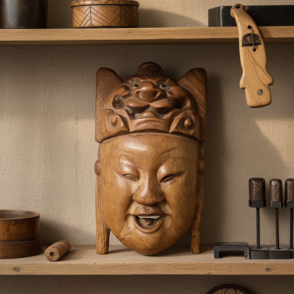 Vintage Asian Carved Wood Mask Face – Handcrafted, Authentic, Decorative Art