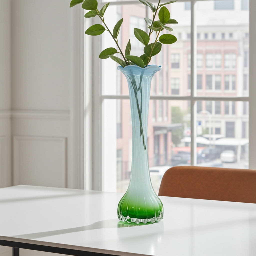 Vintage Handblown Glass Bud Vase – Blue, White & Green Fade with Ruffled Rim