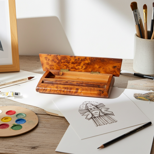 Vintage Antique Walnut Pencil Box Holder with Wooden Blade