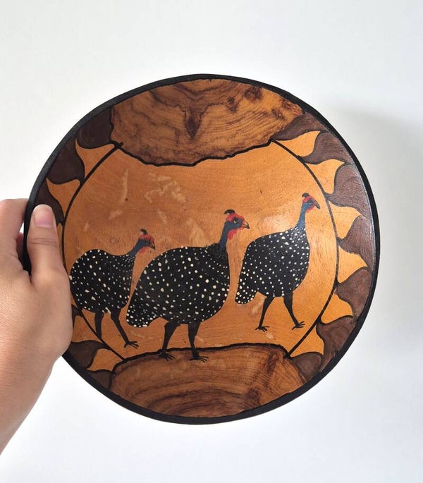Mid-Century South African Hand-Painted Wooden Bowl with Guinea Fowl Motif | Artisan Folk Art | TheyUnique