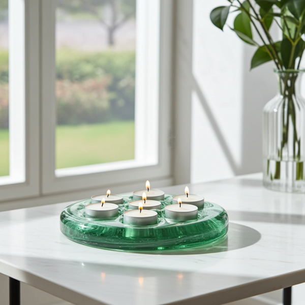 Heavy Mid-Century Modern Green Glass Candelabra with 7 candle holders