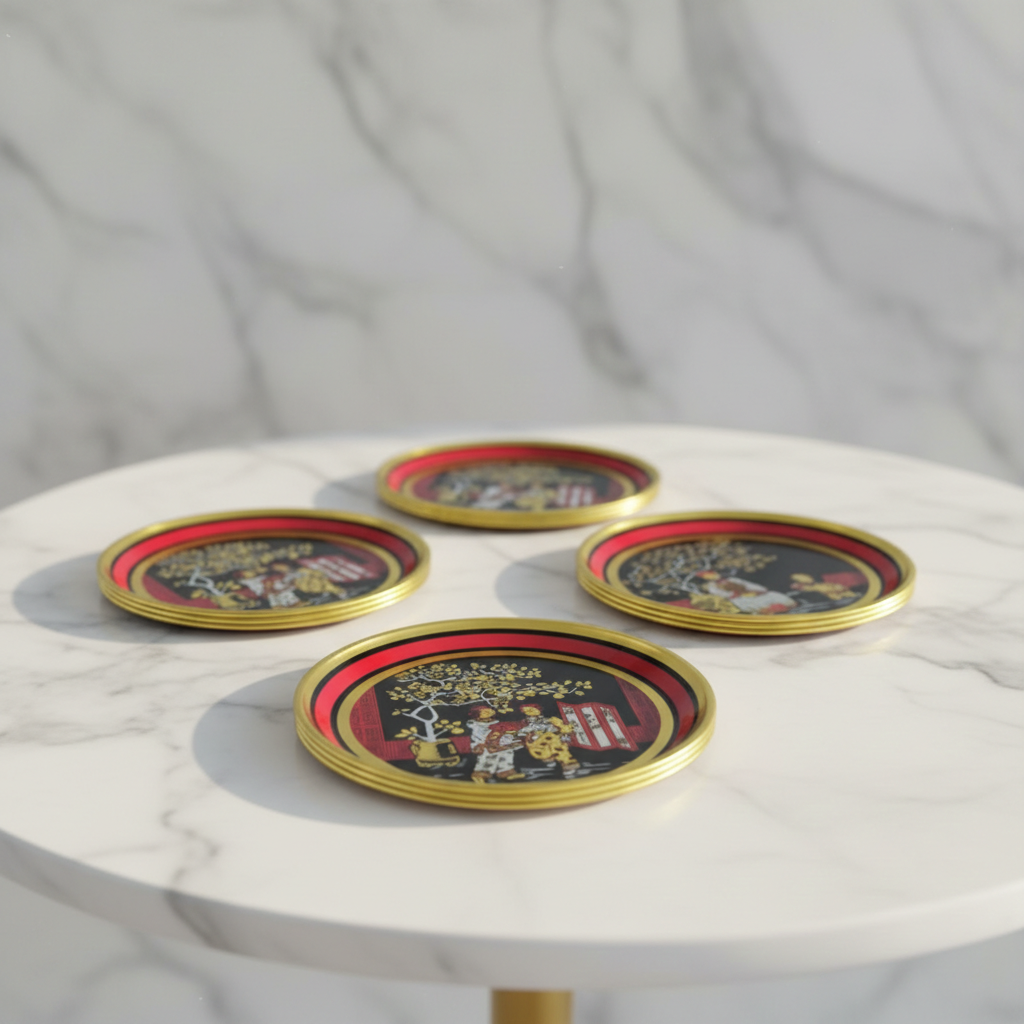 Vintage set of 11 Tin Coasters with Chinese Motif – Emperor & Geisha, 1970s | TheyUnique