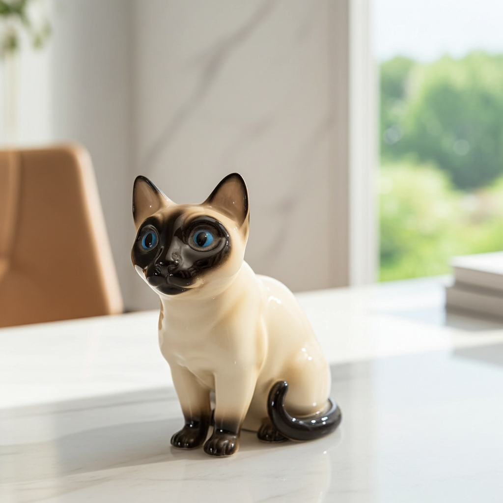 Vintage "Vaga" Siamese Cat Figurine with Blue Eyes - Original Sticker, Collectible Sculpture