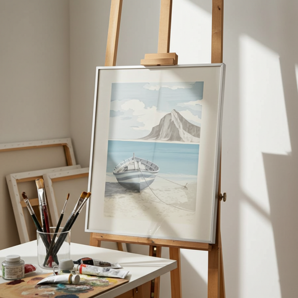 Mid Century Modern A. Guardieli Signed Art Print – Ocean Boat & Mountain, Framed