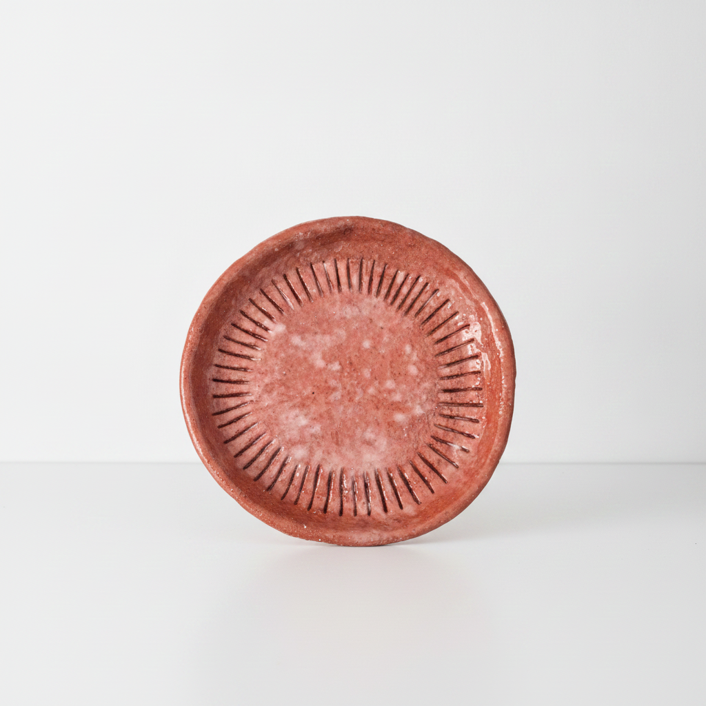 Handcrafted Terracotta Ceramic Plate – Coral Orange Glaze with Radial Grooved Rim