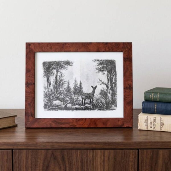Vintage Burl Wood Picture Frame with Lithograph – Reddish-Brown Woodgrain | TheyUnique