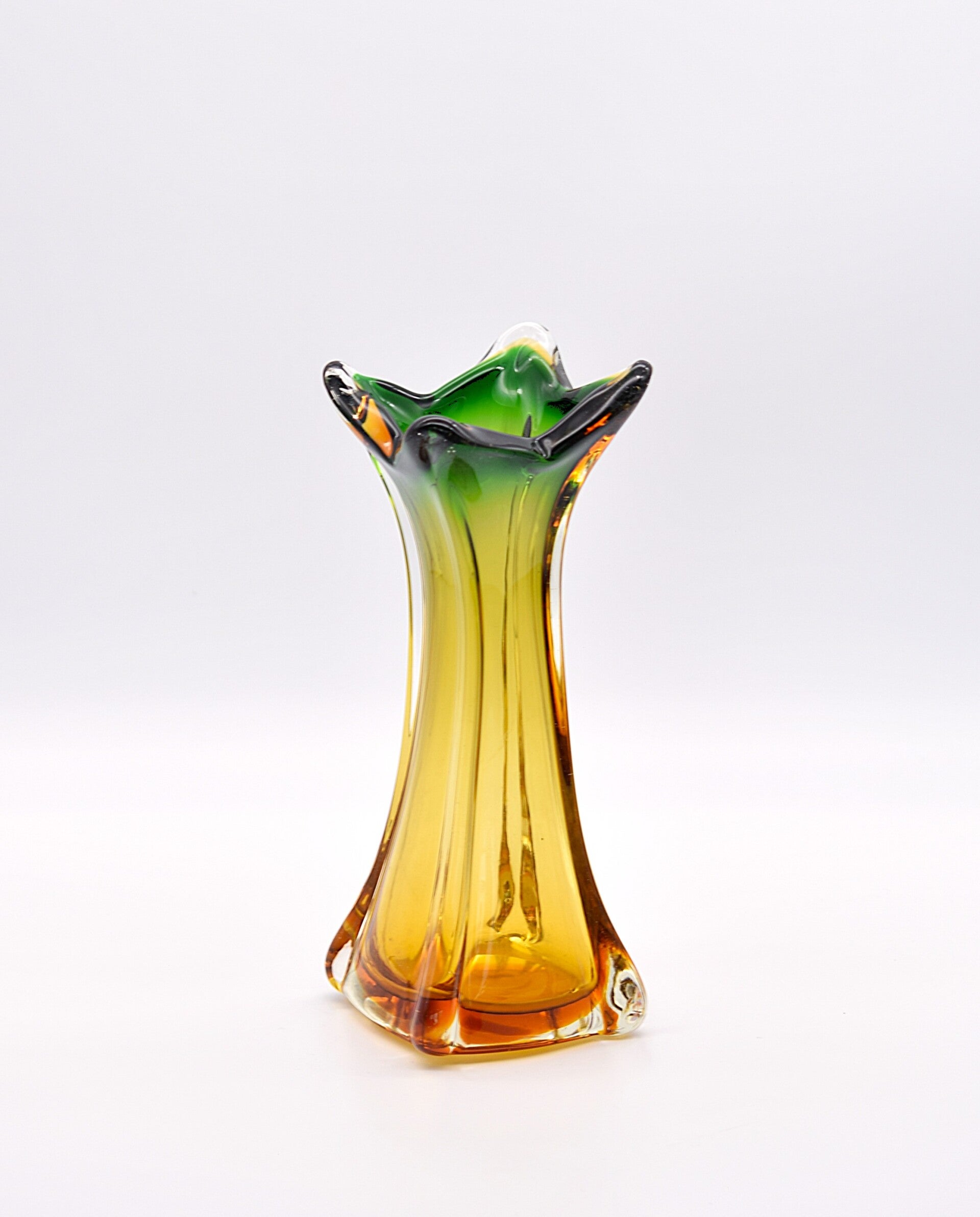 Mid-Century Murano Green Amber Twisted Glass Vase | Italian 1960s