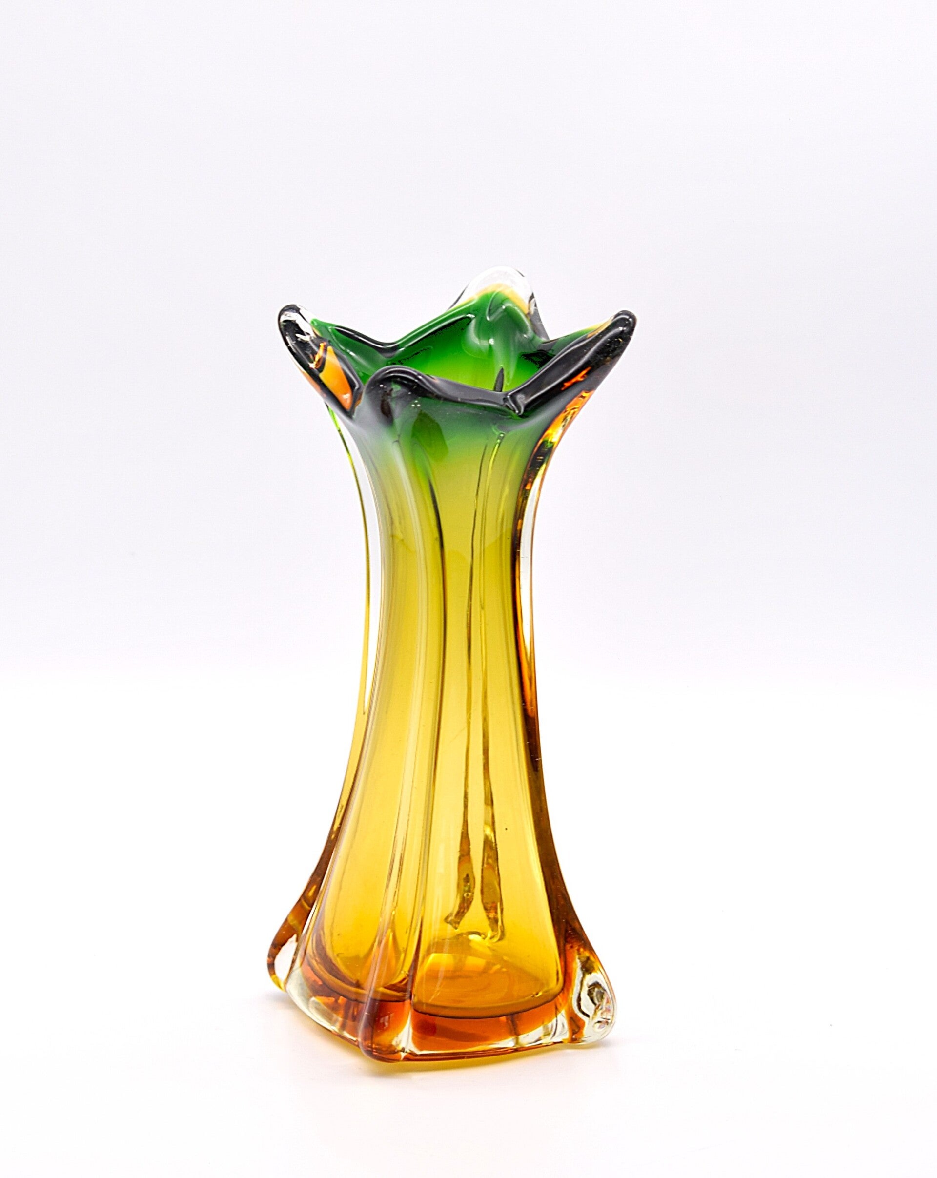 Mid-Century Murano Green Amber Twisted Glass Vase | Italian 1960s