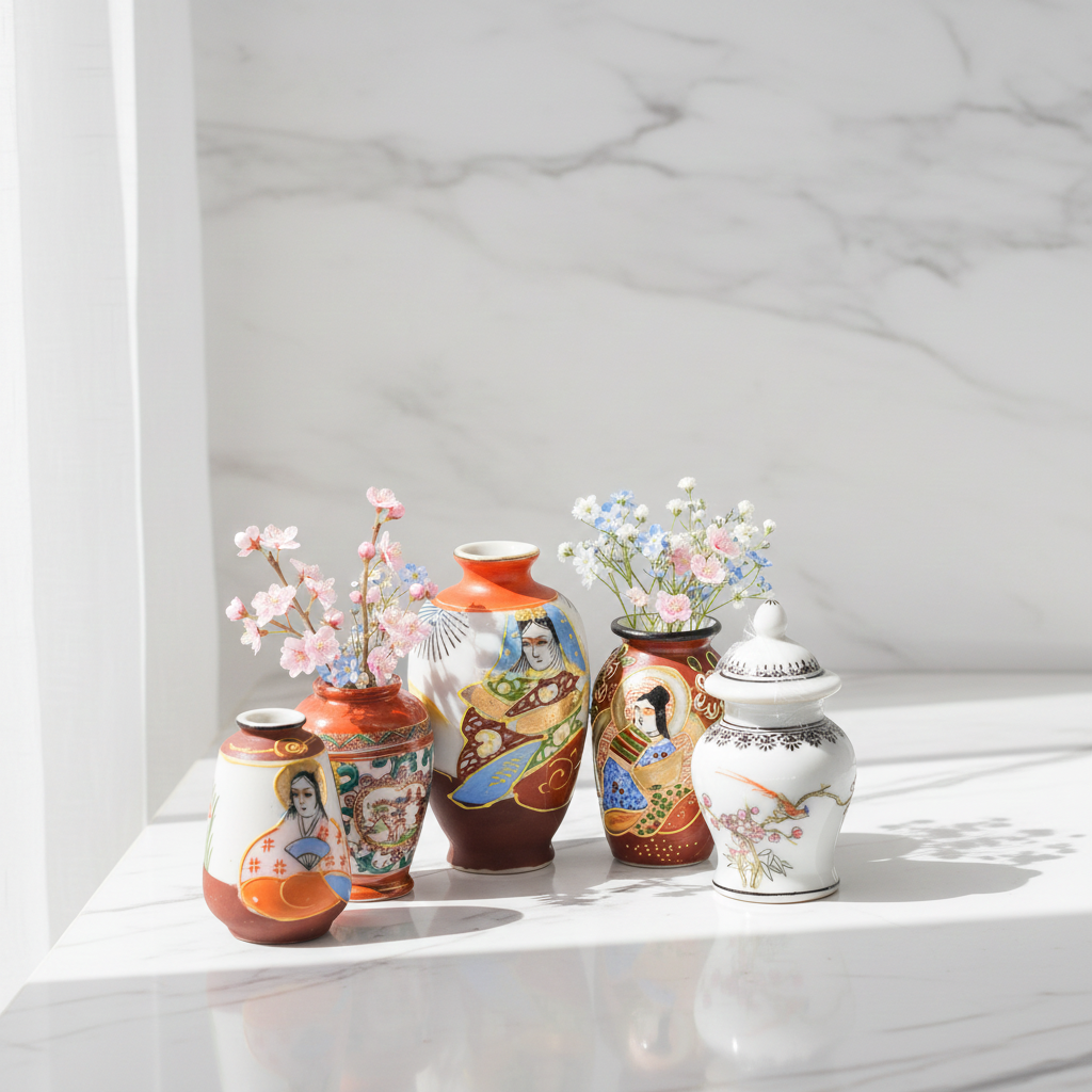 Collection of 8 Miniature Dragon Satsuma Porcelain Vases – Hand-Painted Japanese Style