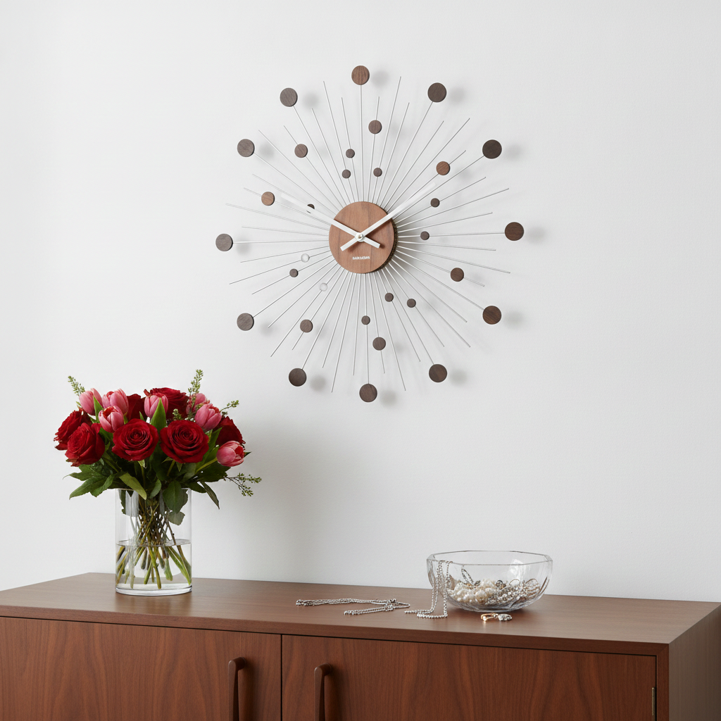 Karlsson Mid-Century Modern Sunburst Wall Clock – Teak & Silver Starburst Design | TheyUnique