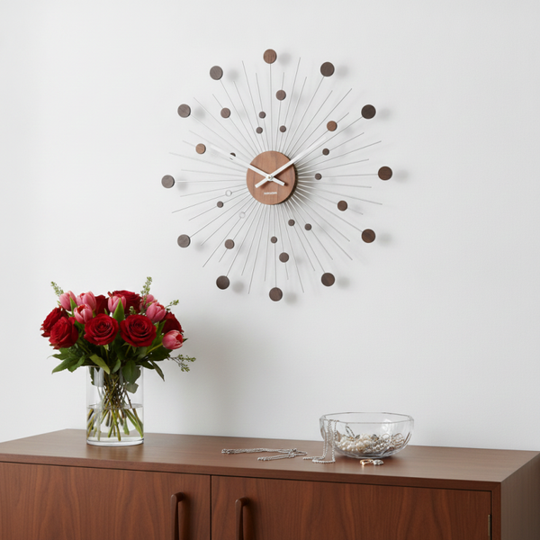 Karlsson Mid-Century Modern Sunburst Wall Clock – Teak & Silver Starburst Design | TheyUnique