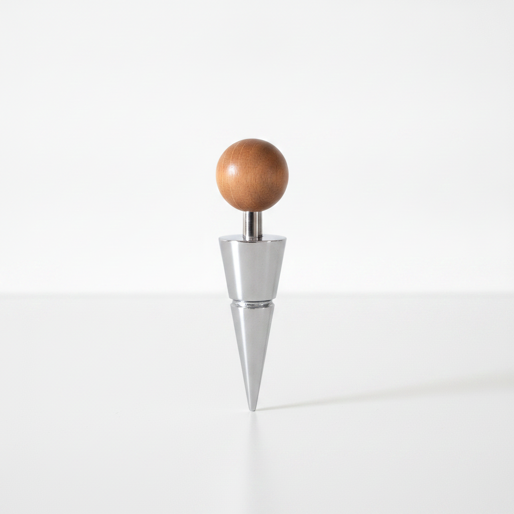 Vintage Chrome & Wood Wine Bottle Stopper – Sculptural Spherical Wooden Handle
