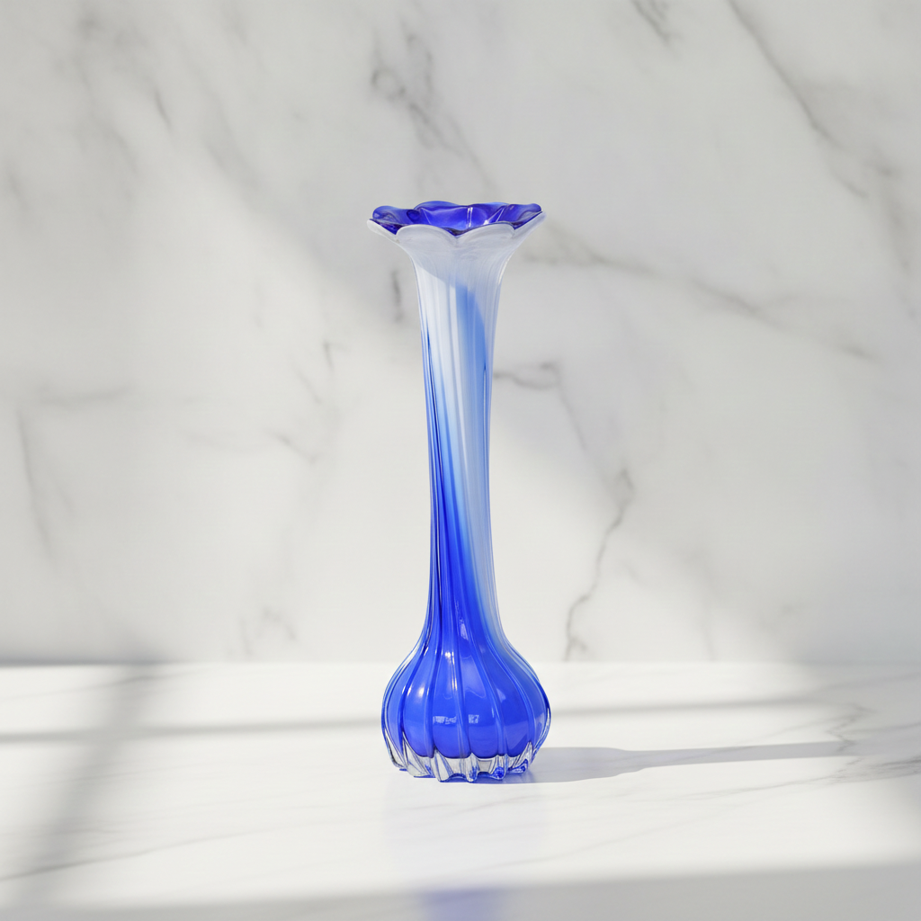 Mid Century Modern Vase - "Lusaka" Blue & White Art Glass Long Vase with Sculpted Flower Top