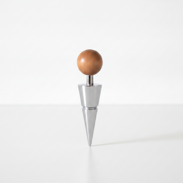 Vintage Chrome & Wood Wine Bottle Stopper – Sculptural Spherical Wooden Handle