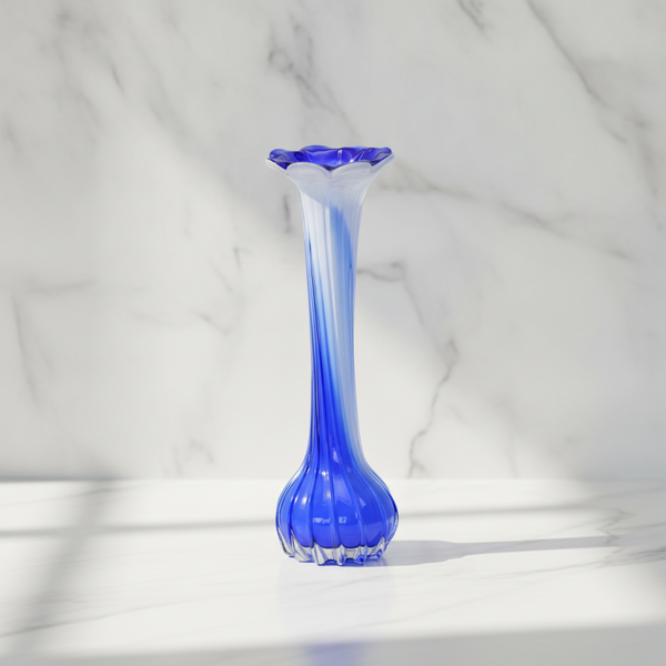 Mid Century Modern Vase - "Lusaka" Blue & White Art Glass Long Vase with Sculpted Flower Top