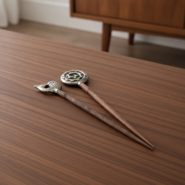 Vintage Artisan Hair Sticks – Silver-Toned Fish & Spiral Design (Set of 2) | TheyUnique