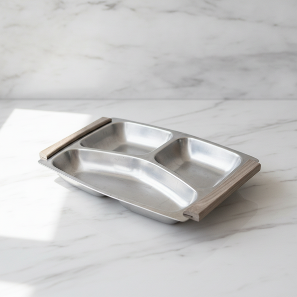Vintage Mid-Century Modern Stainless Steel Serving Tray with Teak Handles – KH Design | TheyUnique