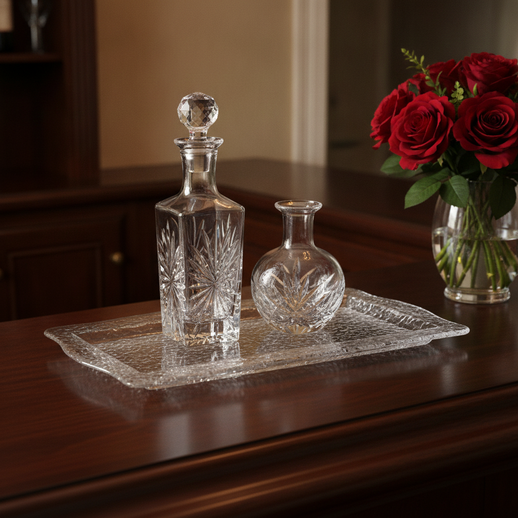 Vintage Clear Textured Glass Rectangular Serving Tray – Ice-Crackled Bark-Like Rim