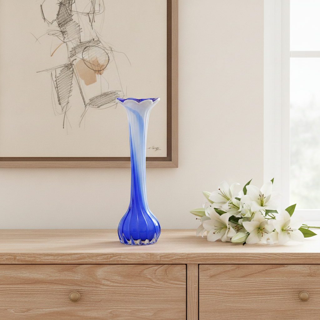 Vintage "Lusaka" Blue & White Glass Vase with Sculpted Flower Top - Medium