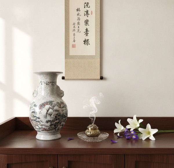 Vintage Chinese Crackle Glaze Porcelain Vase – Hand-Painted Winter Landscape with Animal Mask Handles | TheyUnique