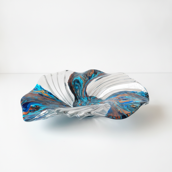 Handcrafted Walther Glass Art Centerpiece Bowl – Blue, Turquoise & Copper Painted Design