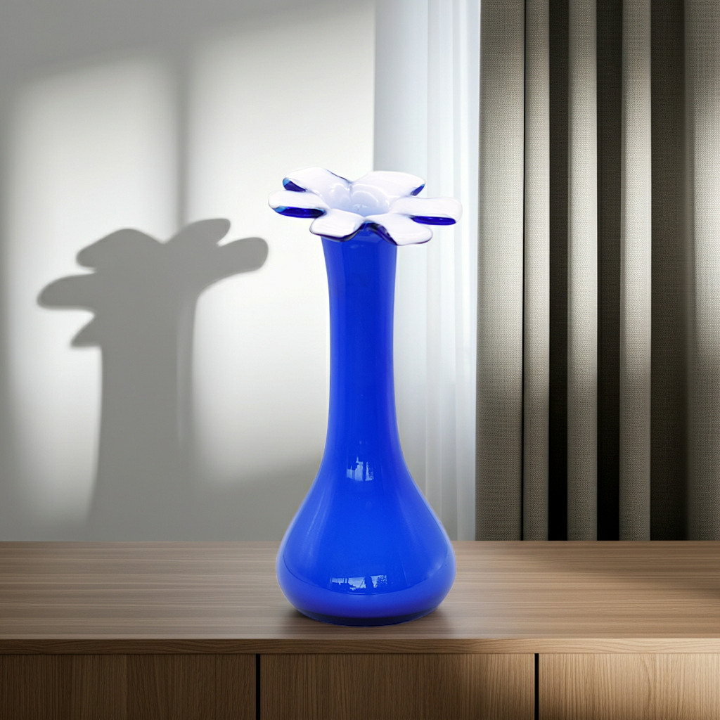 Cobalt Blue Mid Century Modern Glass Art Vase with White Flower Top