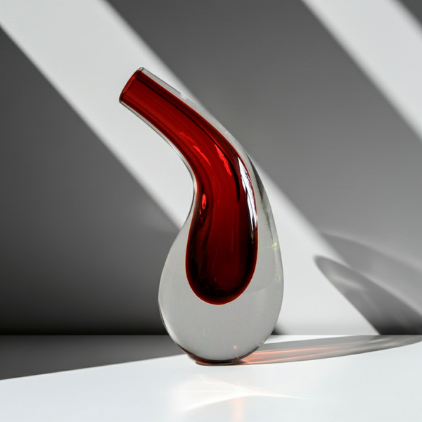 Mid Century Modern Murano Vase | Drop-Shaped with Clear Exterior & Red Core