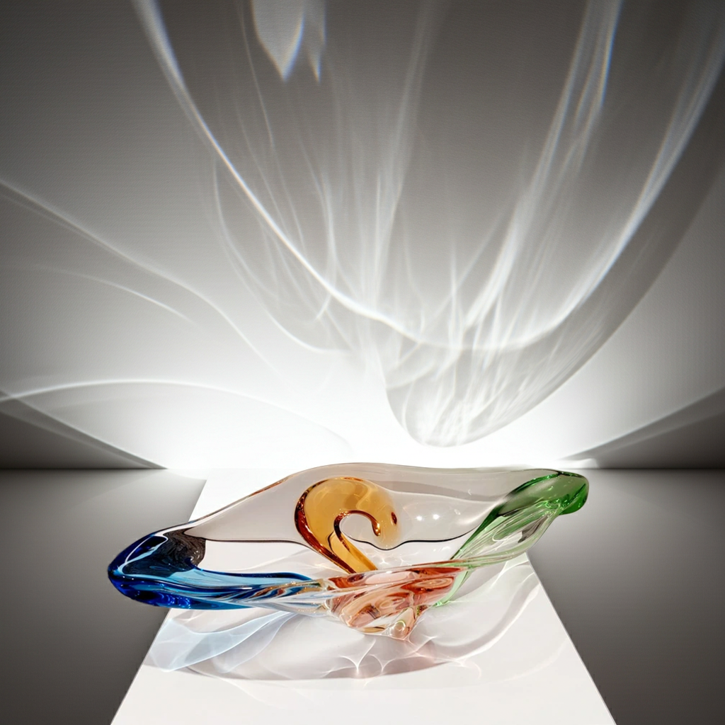 Mid-century modern console table styled with decorative objects, books, and warm wood accents