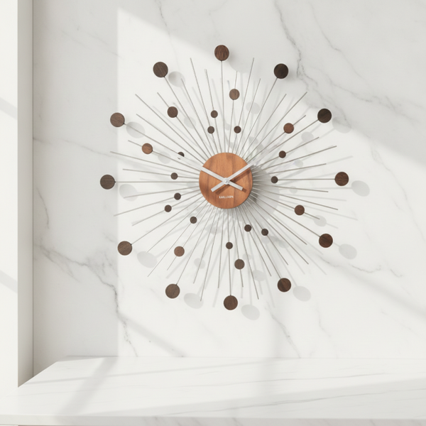 Karlsson Mid-Century Modern Sunburst Wall Clock – Teak & Silver Starburst Design | TheyUnique