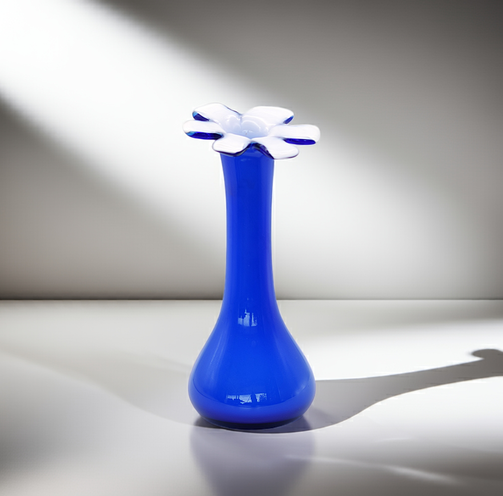 Cobalt Blue Mid Century Modern Glass Art Vase with White Flower Top