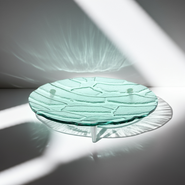 Vintage Mid Century Modern Green Textured Glass Platter on Metal Feet – Design Serving Tray