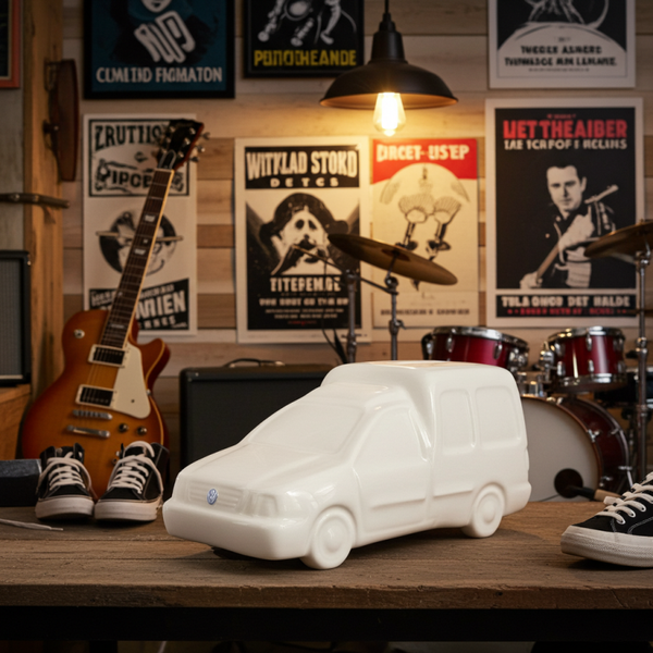 Vintage White Ceramic Volkswagen Caddy Piggy Bank “La Moustache” – Retro Decorative Money Box