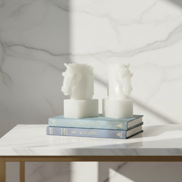 Pair of Mid-Century White Onyx Horse Head Bookends – Hand-Carved Stone Sculptures | TheyUnique