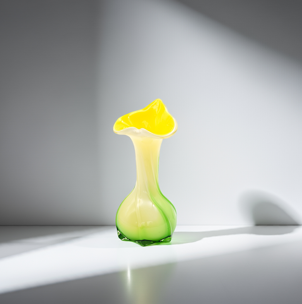 Murano Yellow & Green Art Glass Vase | MCM Italian Heart/Flower Rim Design