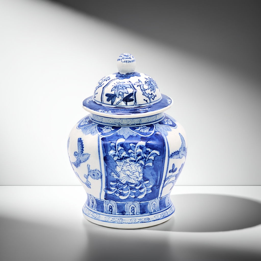 Vintage Ming Style Temple Jar – Blue and White Porcelain with Birds & Flowers