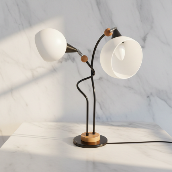 Mid-Century Modern “Bony Design” Table Lamp – Metal, Wood & Glass Globe, 2 Lights | TheyUnique