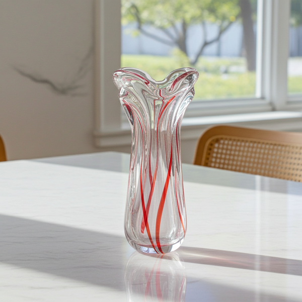 Vintage Murano-Style Swung Glass Vase | Red & Clear Art Glass | TheyUnique