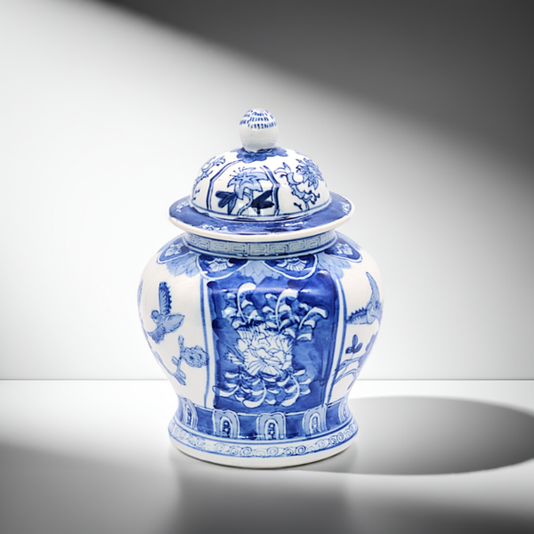 Vintage Ming Style Temple Jar – Blue and White Porcelain with Birds & Flowers