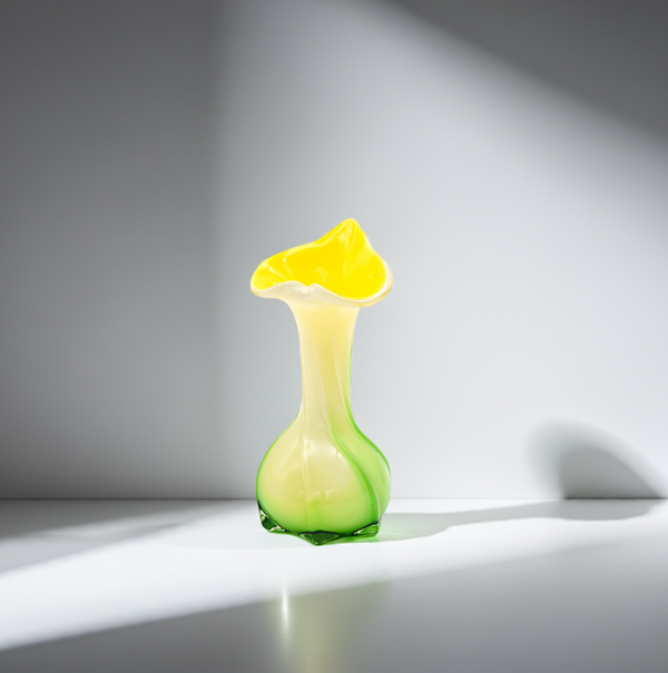 Murano Yellow & Green Art Glass Vase | MCM Italian Heart/Flower Rim Design